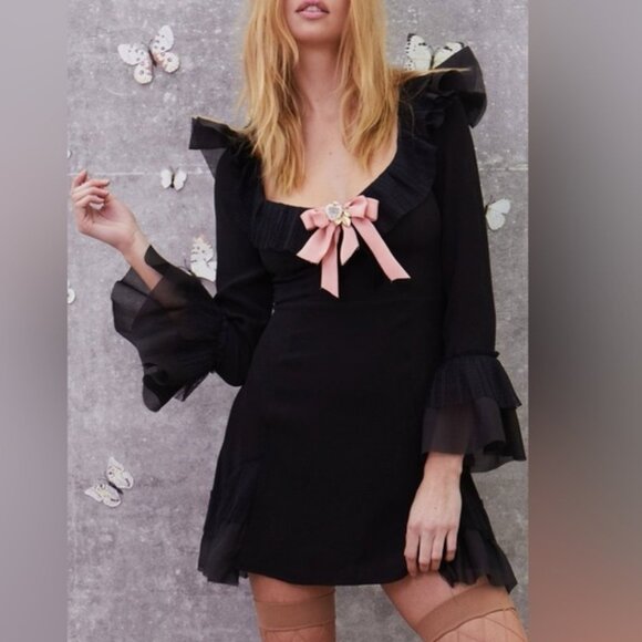 Revolve For Love & Lemons Evie Mini Dress Flare Sleeve Ruffles Black Size XS - Picture 1 of 16